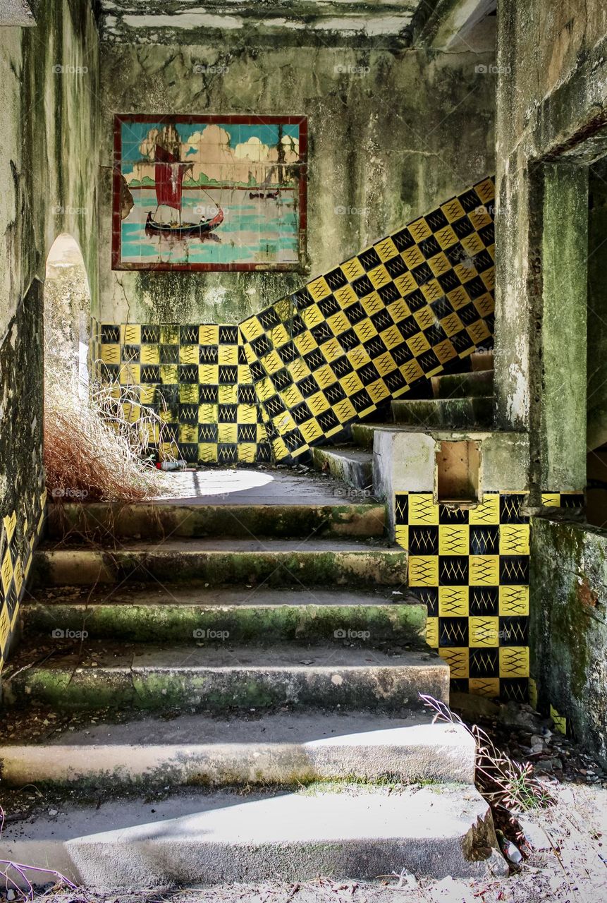 Staircase at the abandoned Art Deco Hotel da Foz da Sertã, Portugal 