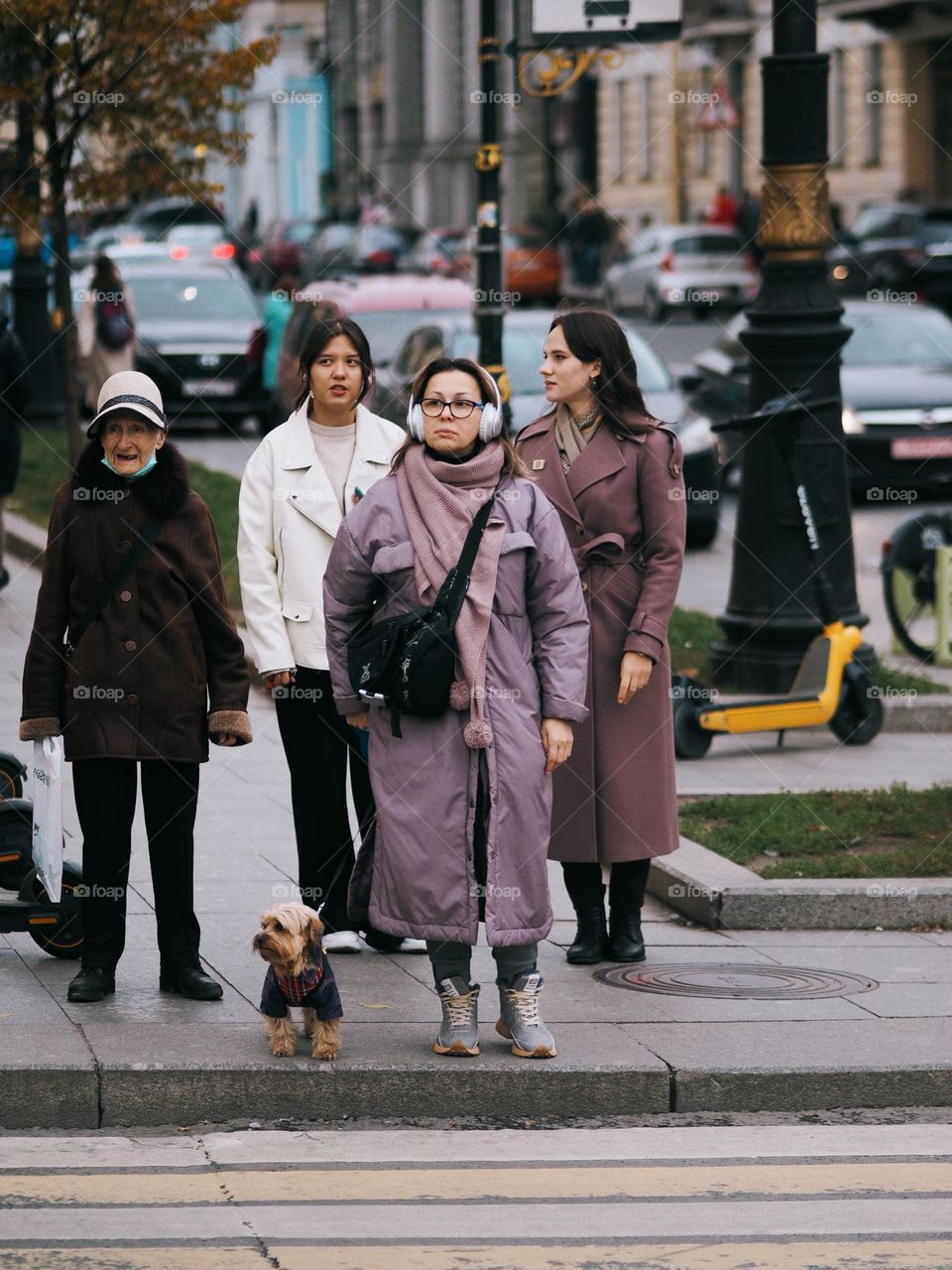 Stylish woman walking with little dog on the street in autumn day