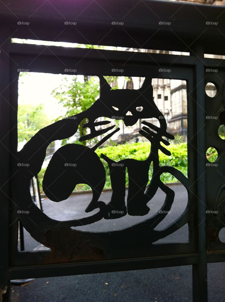 Kitty on a fence. A wrought iron fence incorporates the kitty into its design