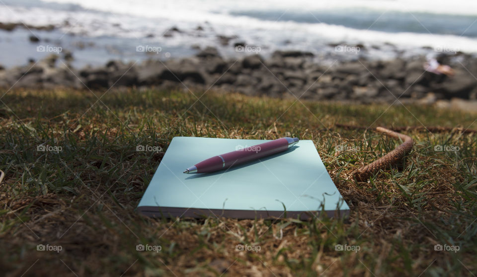 Pen and notebook on grass at sea shore