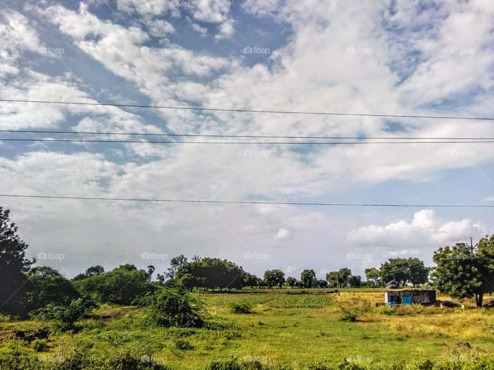 A small house in a farm or jungle with a beautiful sky and full focus on small home surrounded by trees and grass
