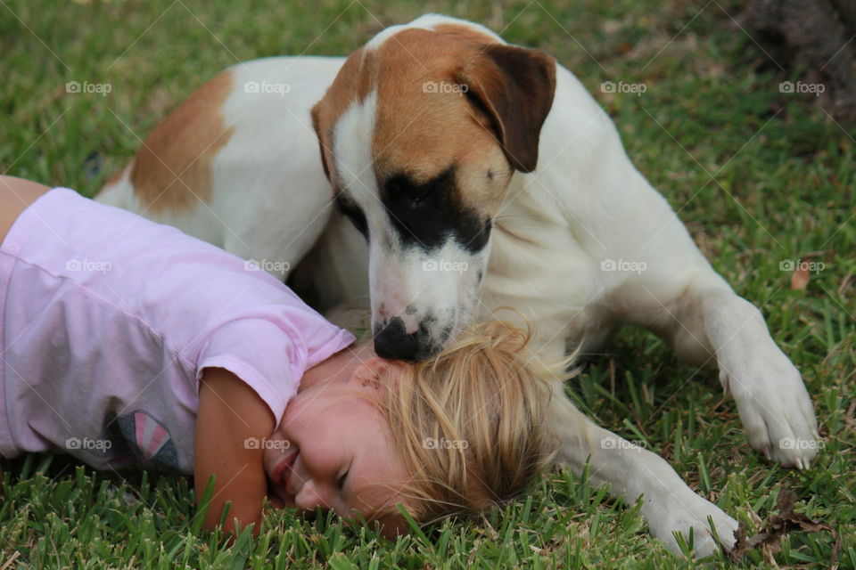 Little girl playing with a dog