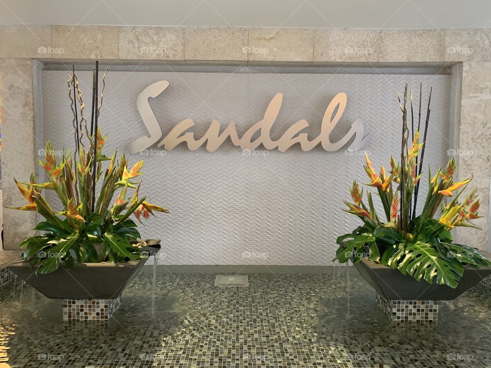 Floral design and pond at the entrance of Sandals Montego Bay Hotel , Montego Bay, Jamaica 