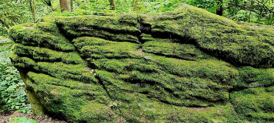 This moss covered rock is from the „Perlbachtal“, the „Pearly Brook Valley“ near the township of „Steinburg“ in „Bavaria“, Germany. Its sediment layers are all in accordance with the passage of time from long ago. 2024. Hypnotic Productions