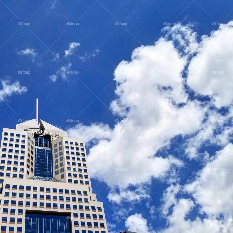 The Highmark building in Pittsburgh, Pennsylvania against blue skies on a sunny June day