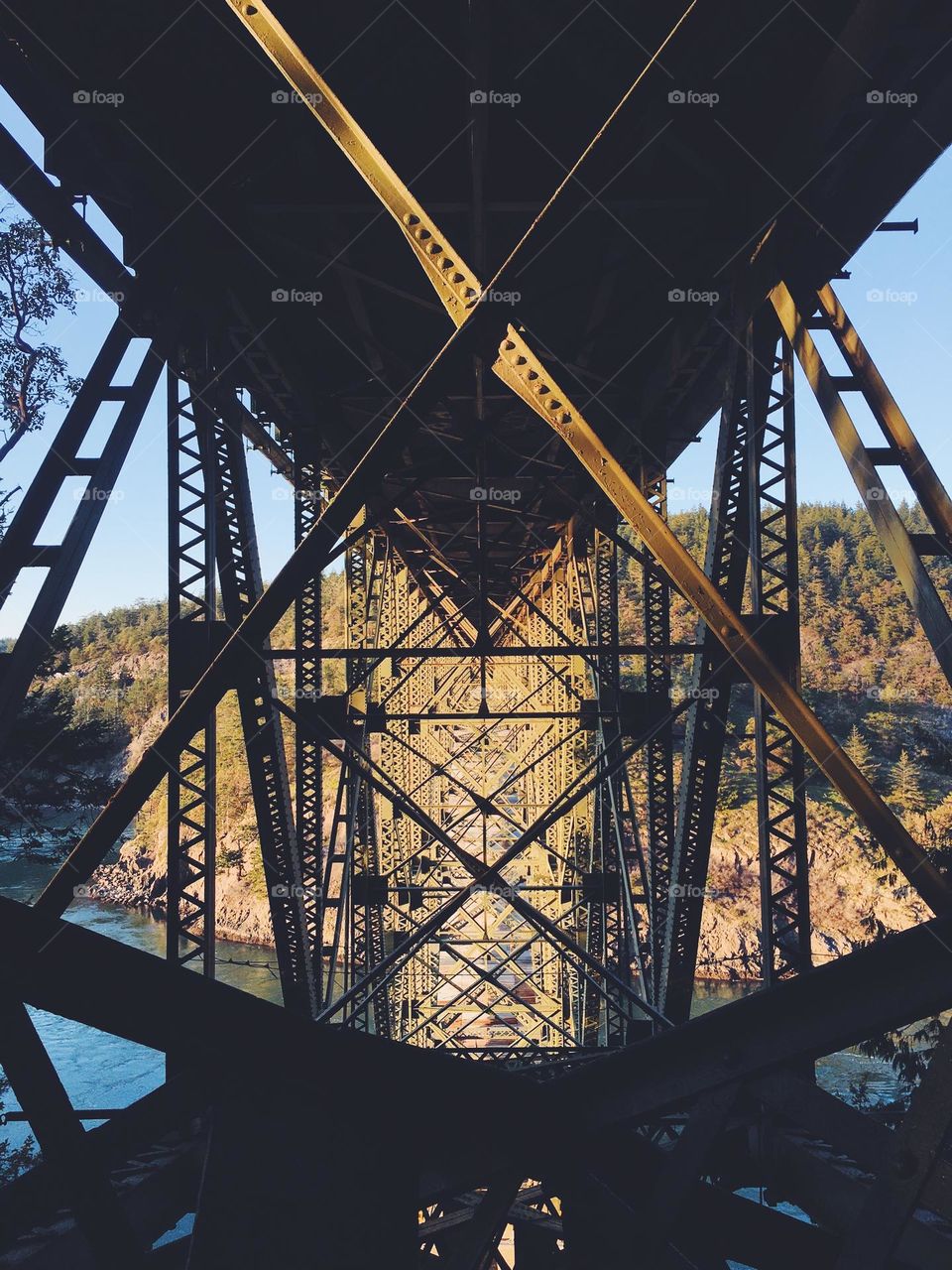 View from under bridge near ocean cliffs