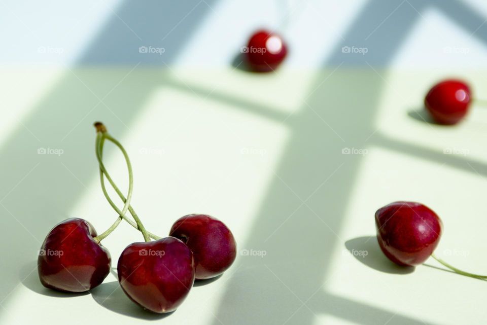 Cherry berries close-up on an abstract background. Juicy ripe berries of large cherries.