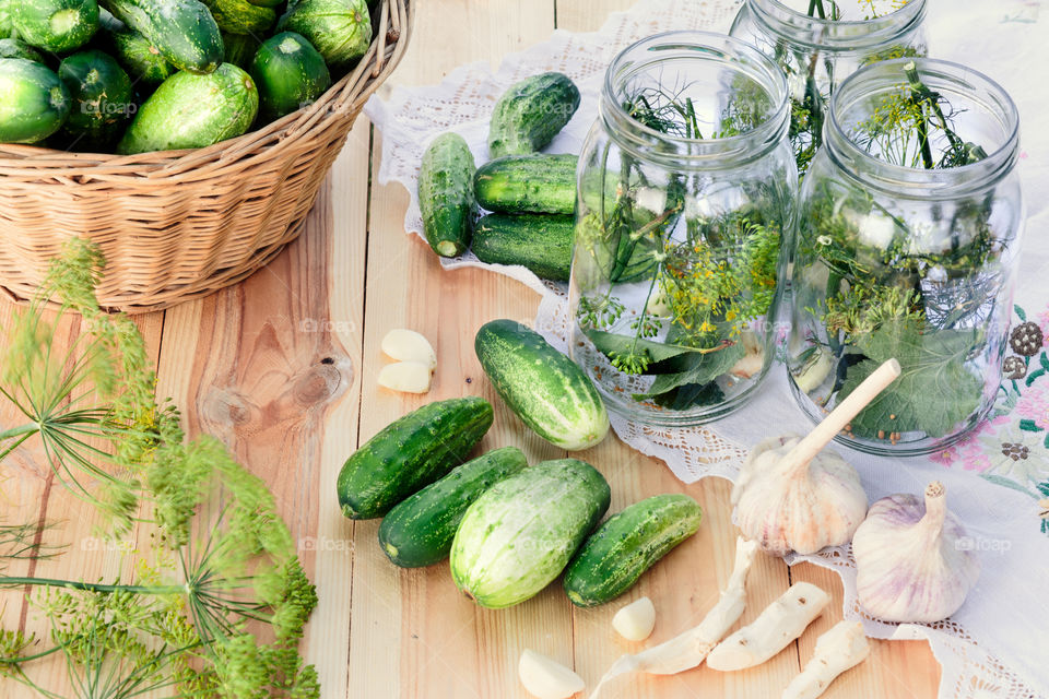 Fresh cucumbers and spices preparation for pickling