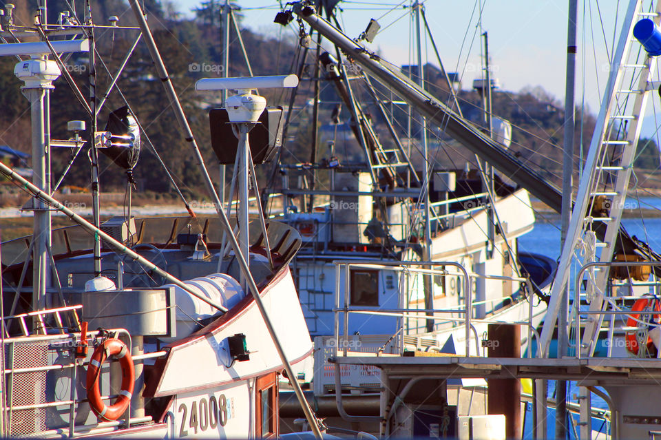 A closeup shot of a couple of fishing boats at the marina adjacent to the pier. The morning sun is shining on their bows. 