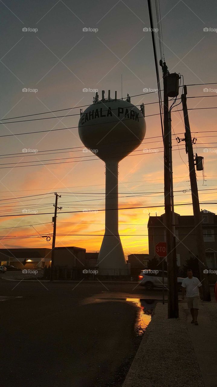 water tower sunset