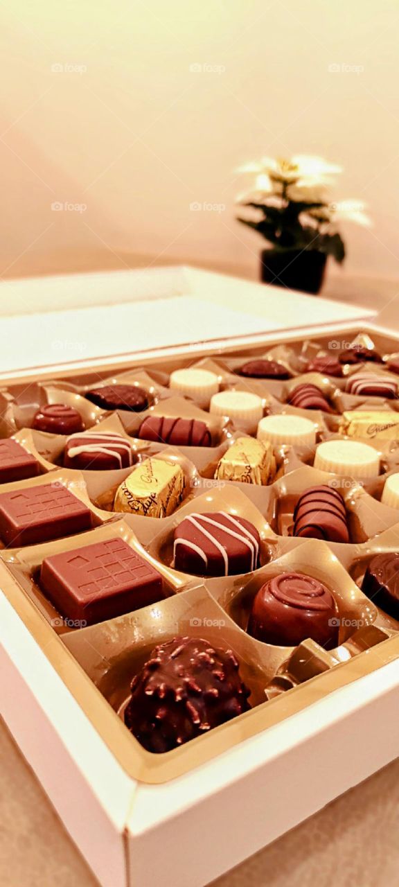 A box filled with chocolates, light and dark, as a gift