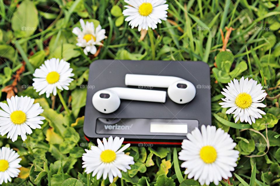hotspot Wi-Fi and earbuds in a field of daisies