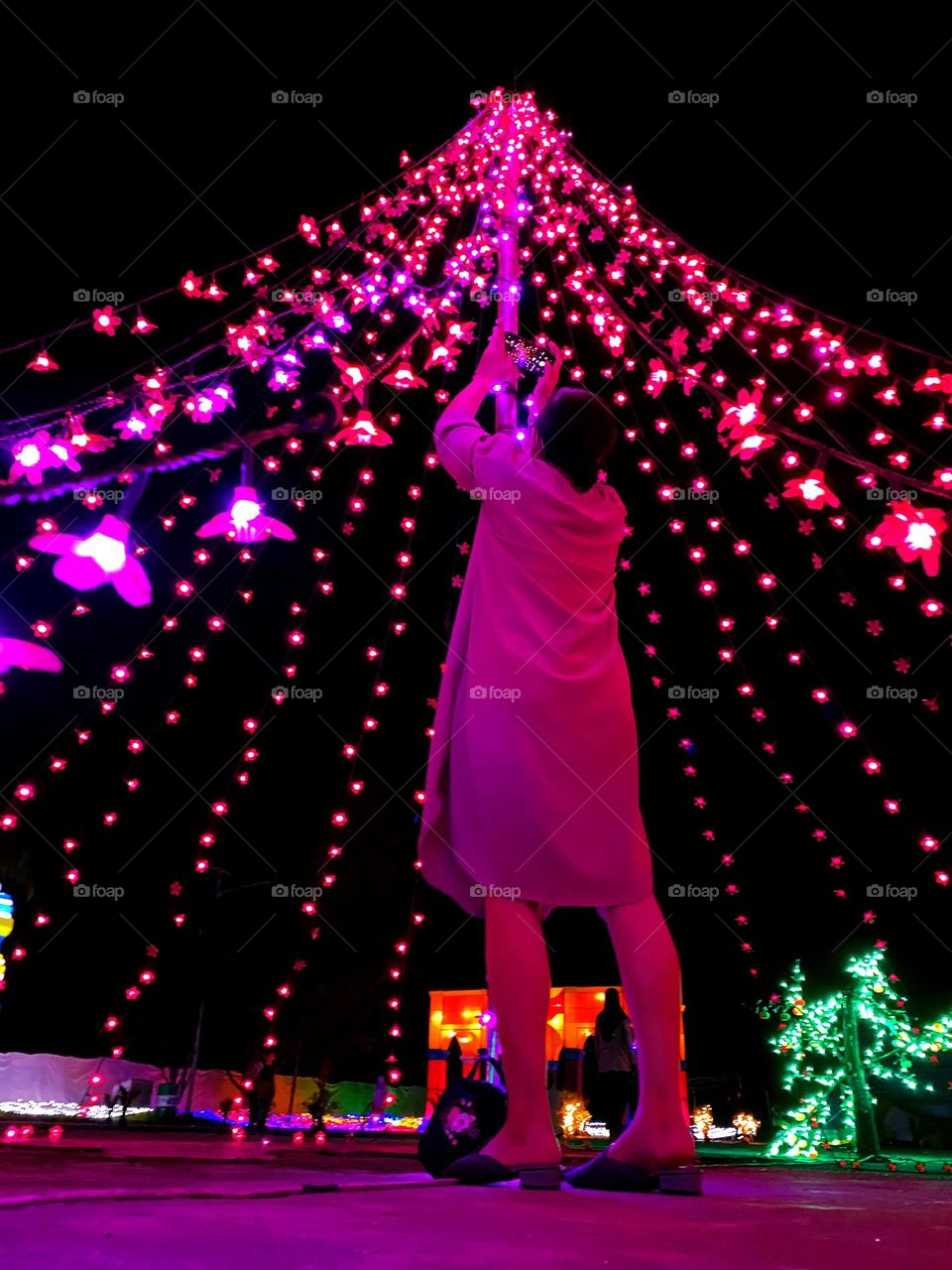 girl photographing beautiful flower lights at night