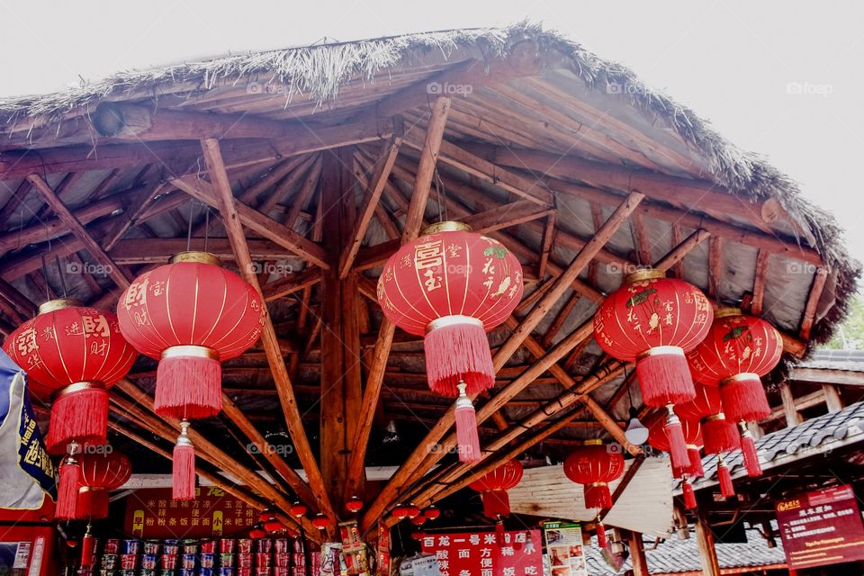 Red lanterns hanging high