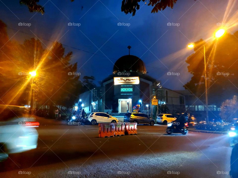 Mosque building with lights at night