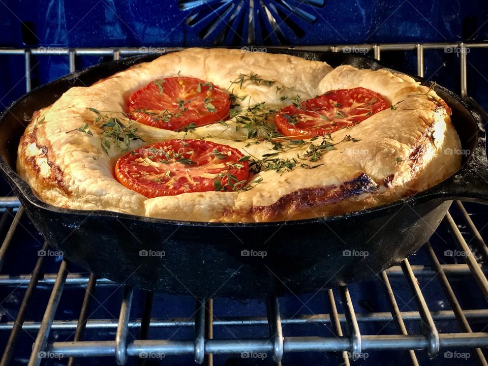 #stayathome - Cooking At Home! Fresh Baked Tomato Leek Tart With Fresh Herbs In A Cast Iron Skillet!