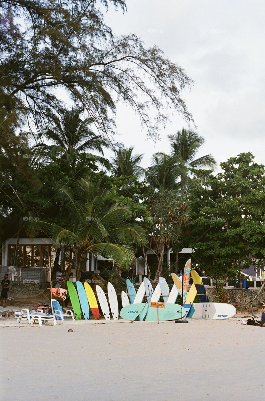 Surfboards on the beach, shot on film 