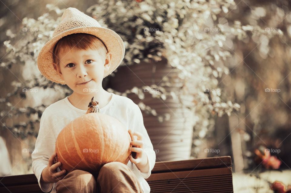 Cute boy with pumpkin, autumn vibes