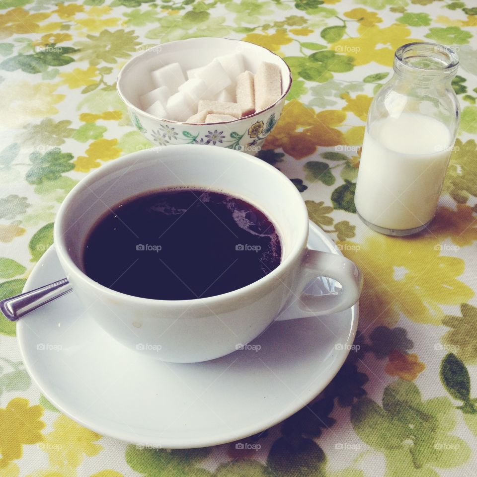 Coffee time. Black coffee, milk and sugar 
