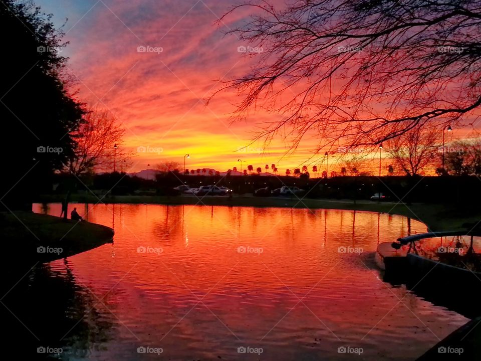 A red, yellow, orange, and pink desert sunset reflecting on a pond at a public park. Someone sits to watch the ducks.