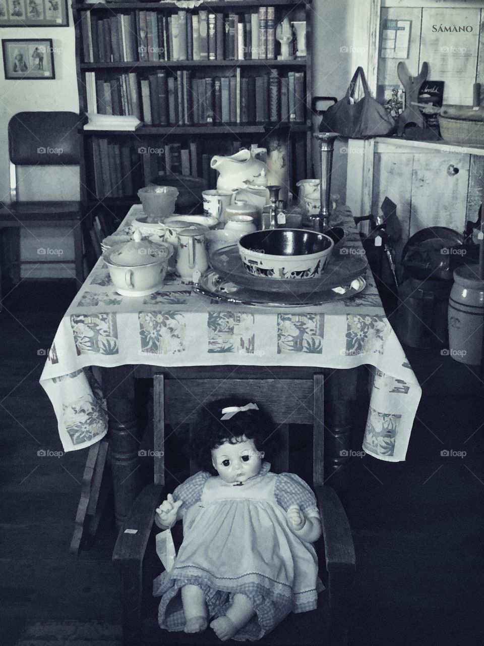 “Doll in an old kitchen” ~This is located in historic San Juan Bautista. This doll sits in the chair looking straight out the window for any passers by to see; kind of creepy but cool. #HistoricTown #OldHouse #Doll #Kitchen #SJB #CA 