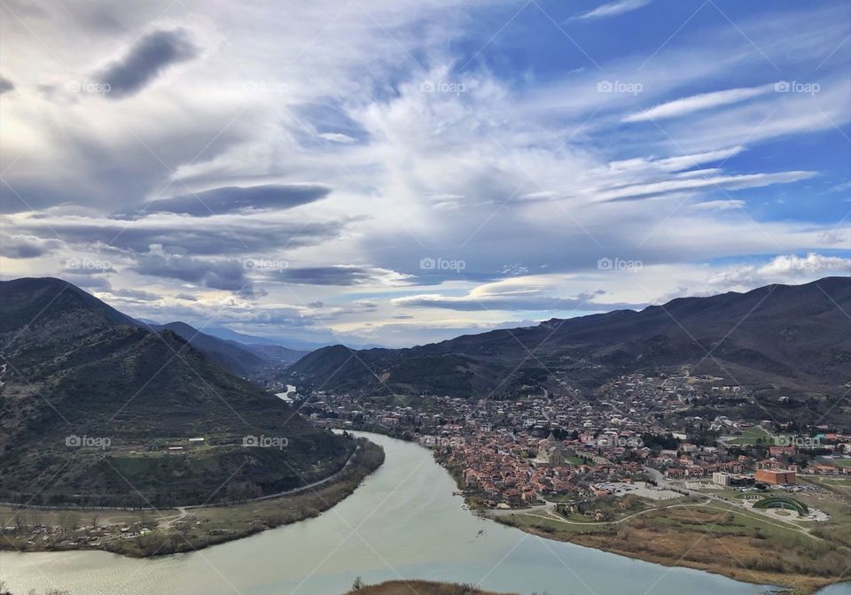A breathtaking view from the Jvari Monastery that stands proud over the city of Mtskheta overseeing the merging of the two biggest rivers in Georgia, Mtkvari and Aragvi.