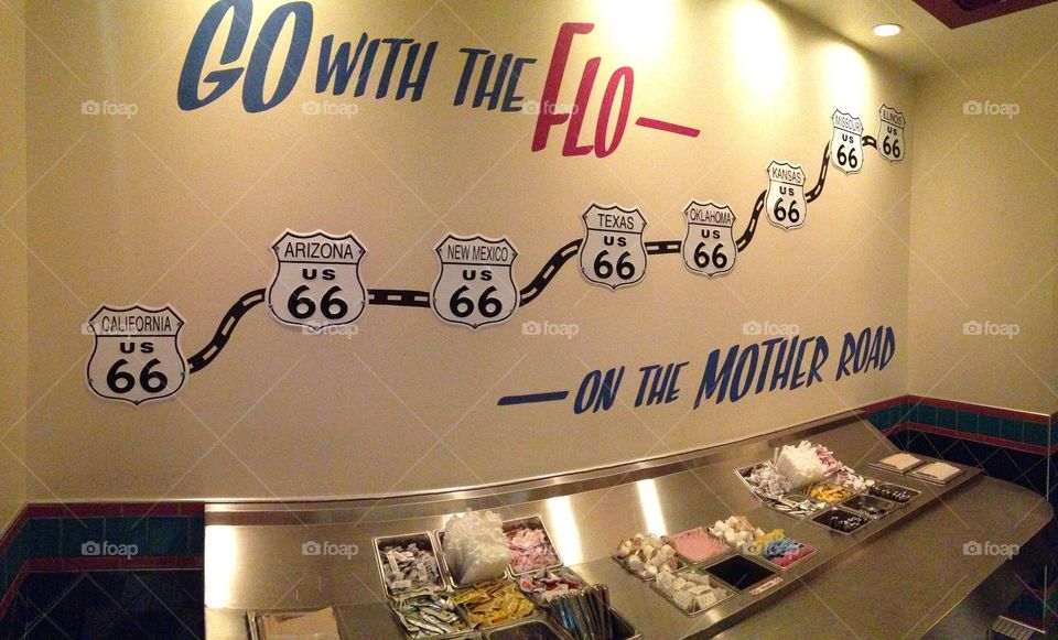 The Route 66 painting at Flo's V8 Café at Disney California Adventure.