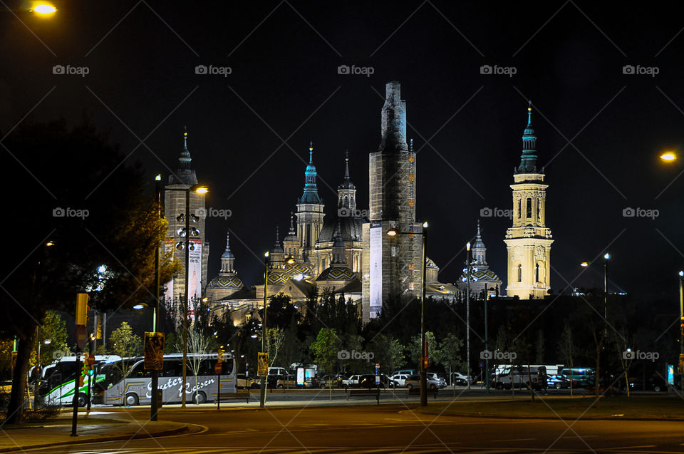 Night City view of Saragossa, Spain