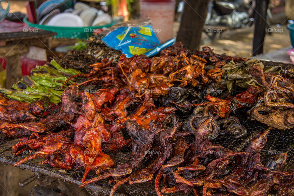 Frogs, egrets, snakes and other creatures wee on offer at this local street food stall in the middle of nowhere Cambodia 