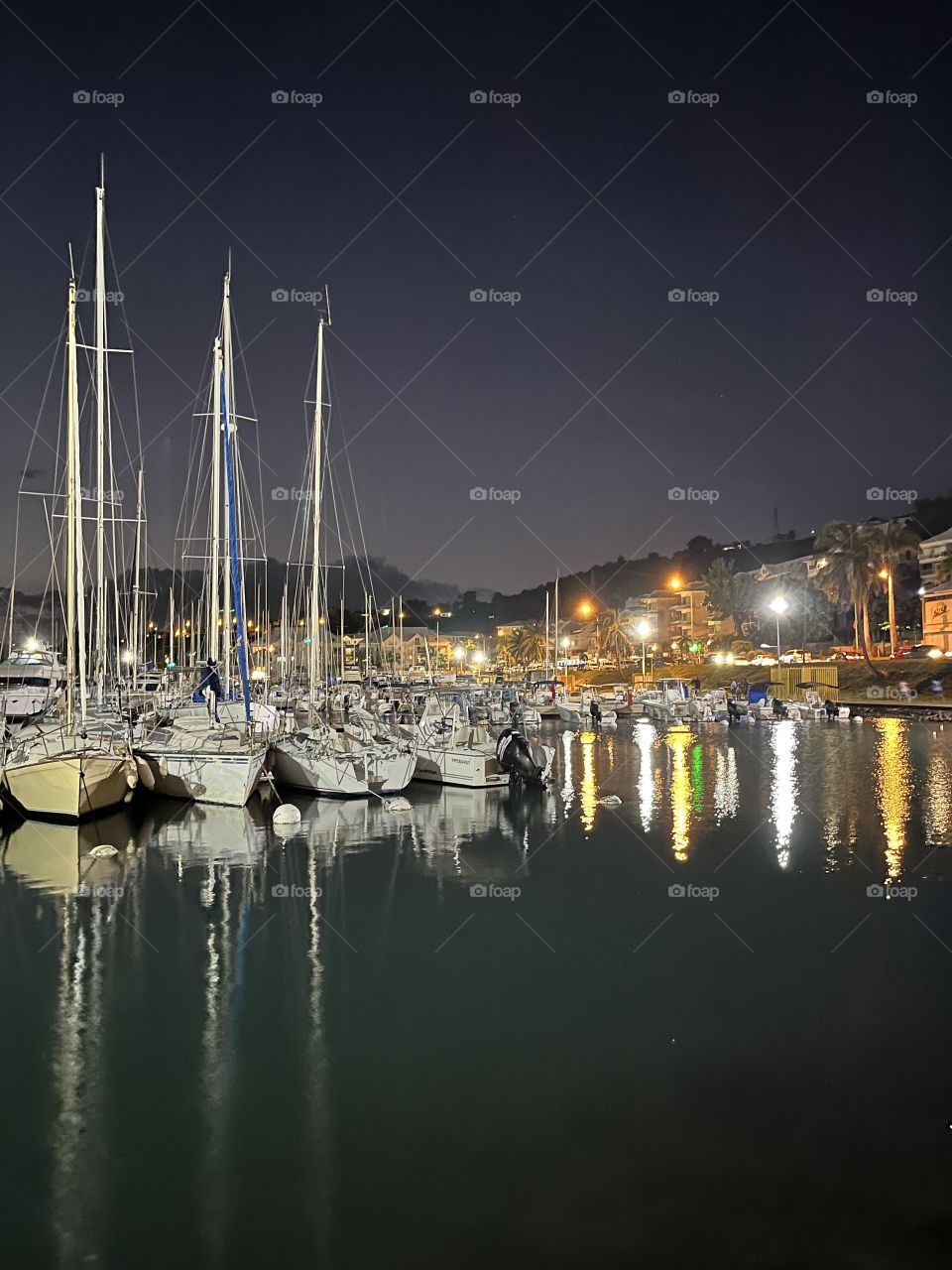 Marina night view with its boats and lights