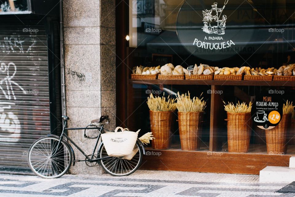 One lonely bicycle on street old city, Lisbon, Portugal 