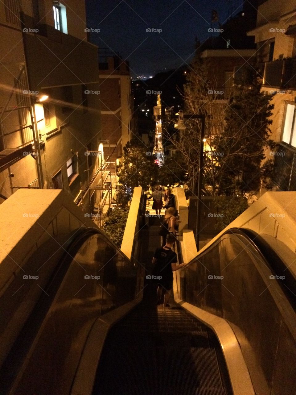 Park Guell escalator at night 