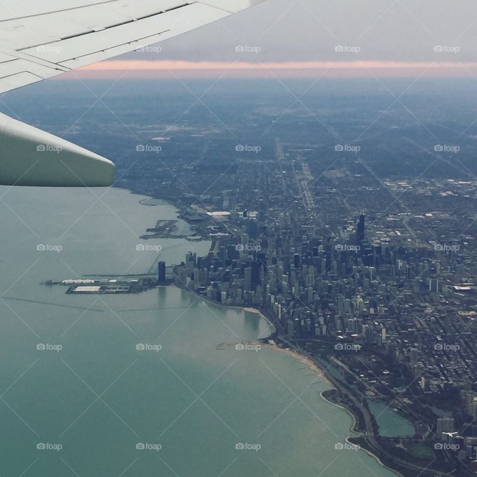 Chicago in the morning as seen from the airplane 