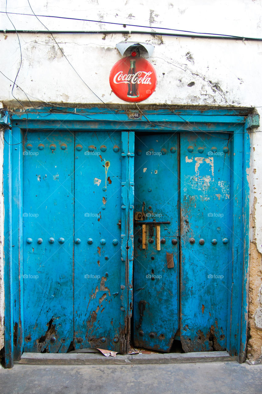 Blue door in Stonetown on Zanzibar Tanzania.