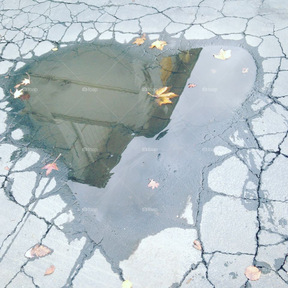 A heart-shaped puddle after the rain. 