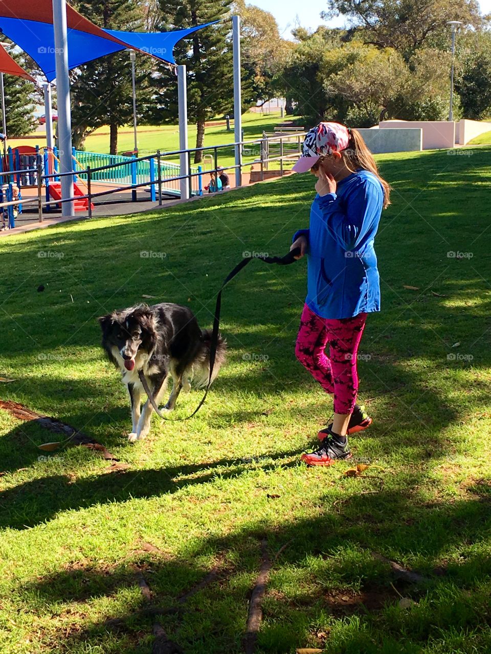 A young girl in a baseball cap, blue shirt and pink leggings walking border collie sheepdog on a blue leash in a grassy park near a child's playground 