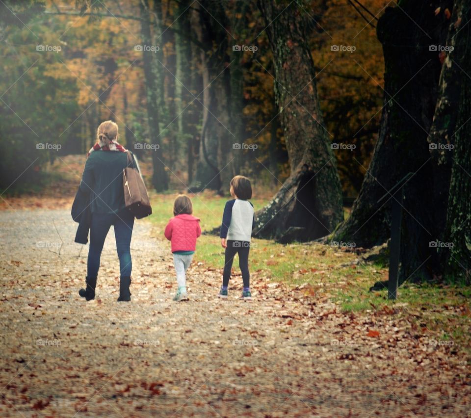 Mother and children hiking