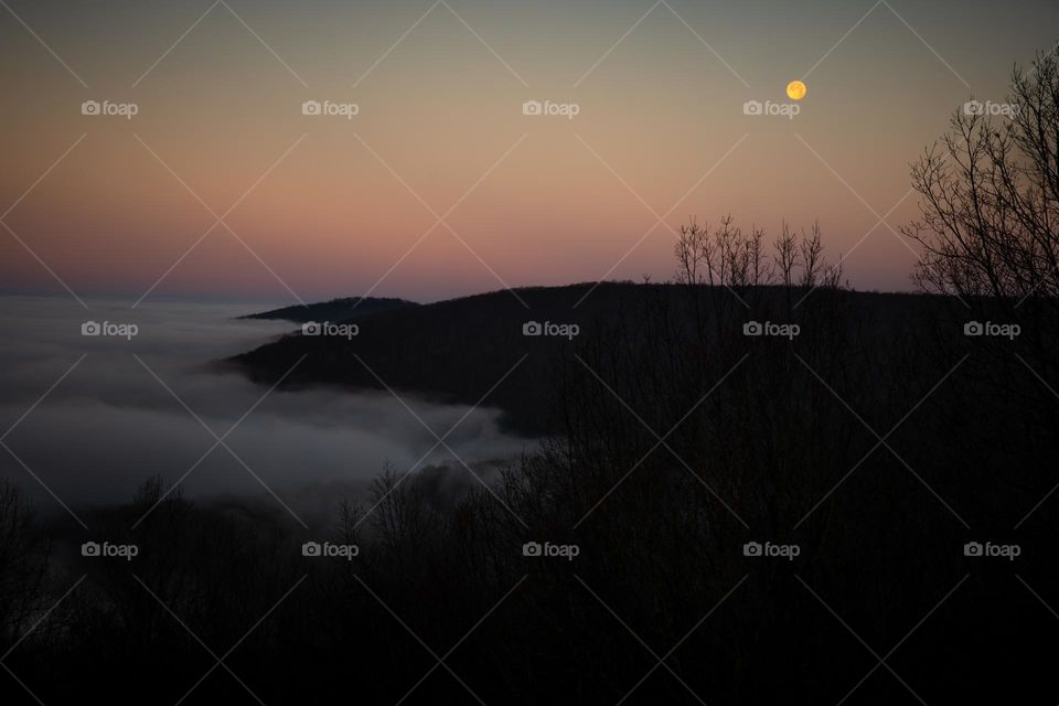 Fog meanders through the valley as the moon sets and the sun rises, making for a majestic twilight. Sewanee, Tennessee. 