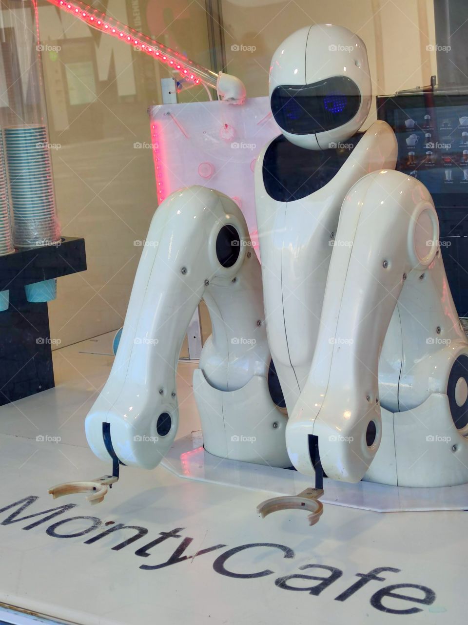 Moscow.  Zaryadye Park.  Innovative technologies.  Coffee stall.  White robot sells coffee