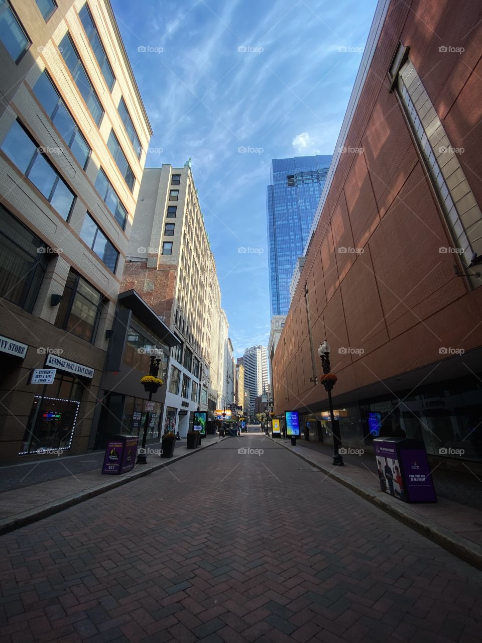 Long shot of an empty city street on an early fall morning in Boston, Ma