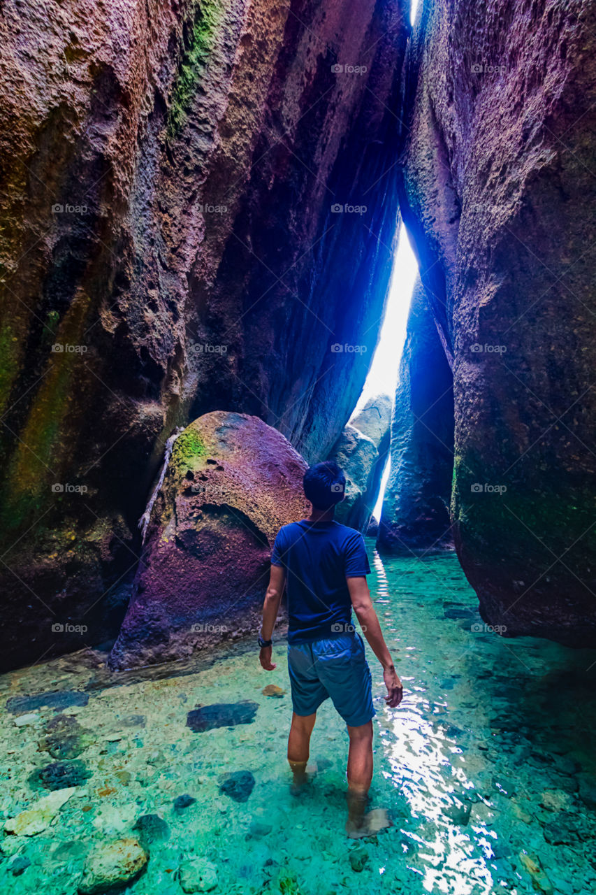 exploring a colorful cave