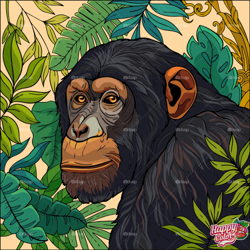 Chimpanzee in the jungle, adult coloring images, coloring with technology, chimps in the wild 