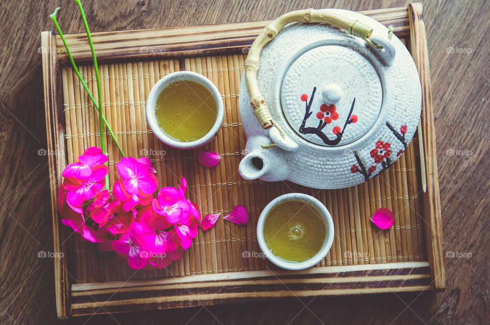 High angle view of tea and tea pot