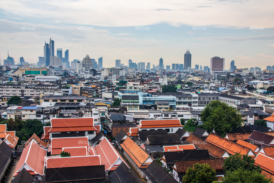 view from the Thai Temple Wat Saket to the Cityscape of Bangkok Thailand Southeast Asia