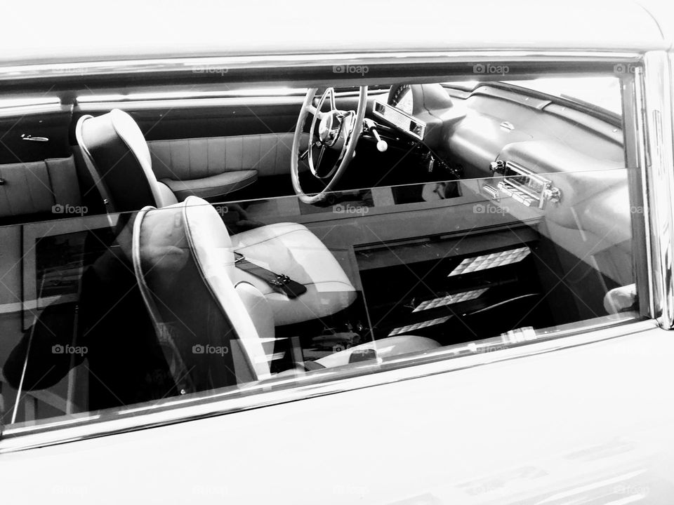 Classic car interior in black and white