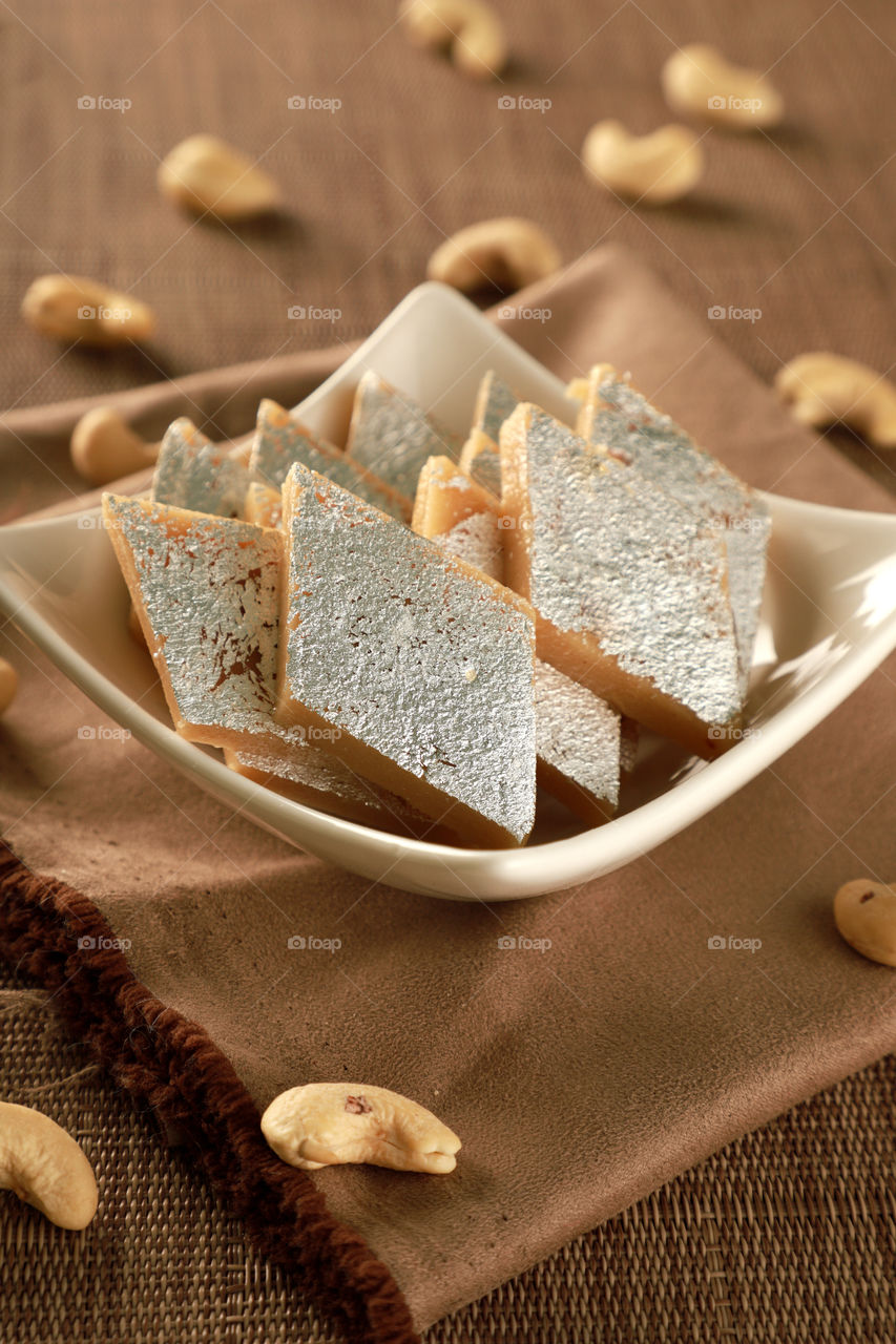 Indian sweet Kaju Katli or Kaju Barfi made of cashew nuts