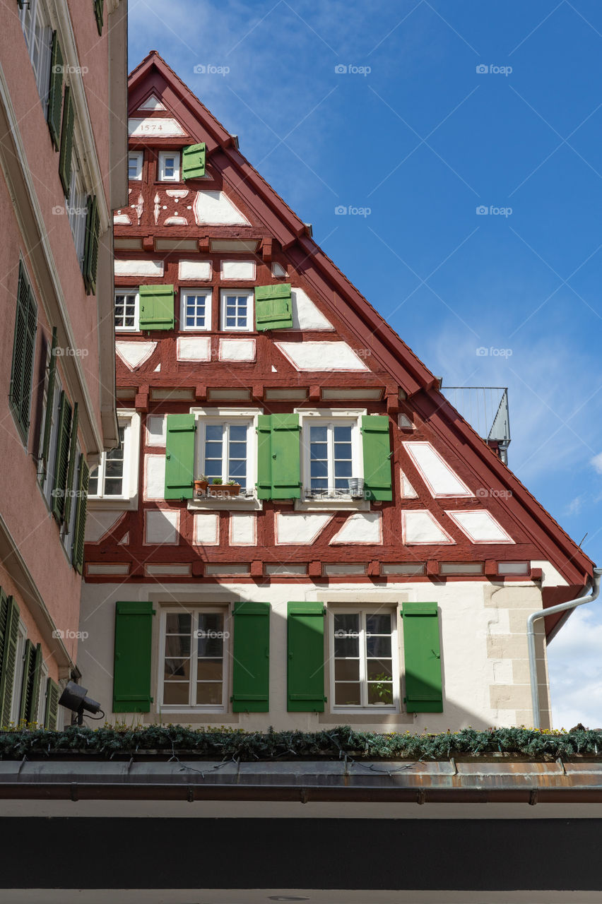 half-timbered house and green shutters