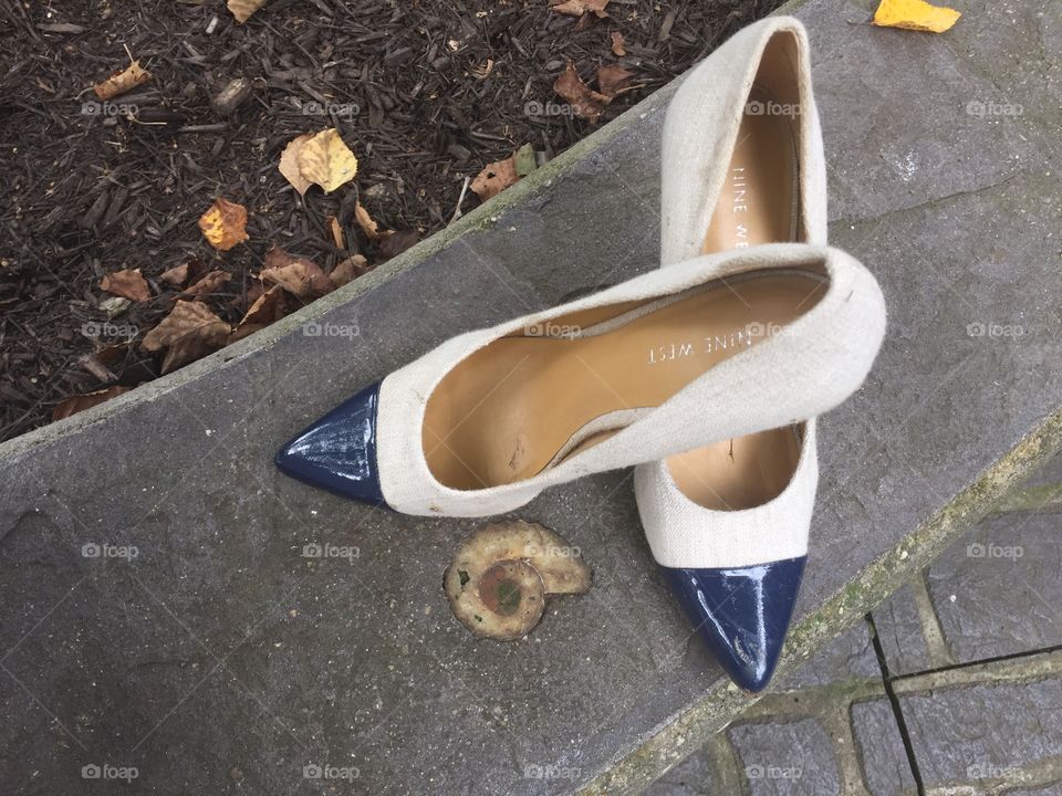 Taken at the beautiful Blanton House in Danville, IN. Women's tan and navy blue shoes with a shell encased in concrete. 