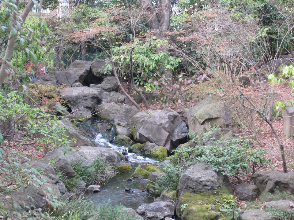 Asakusa Kannon. Sensoji Buddhist Temple and Gardens. Tokyo, Japan. Lush Zen Garden and Stream