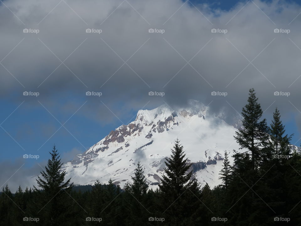The magnificent Mt. Hood in Oregon’s Cascade Mountain Range covered in fresh springtime snow on a beautiful sunny day. 